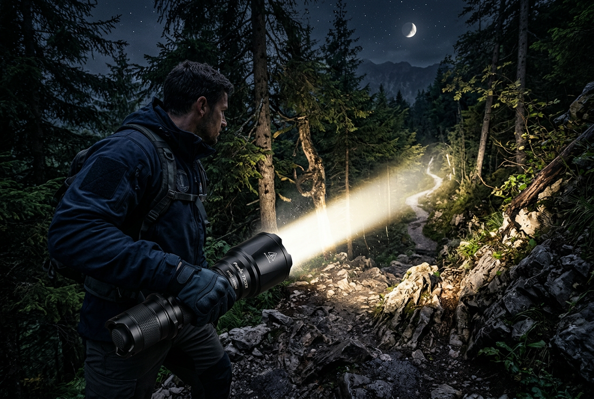 Powerful flashlight beam cutting through a dark forest at night